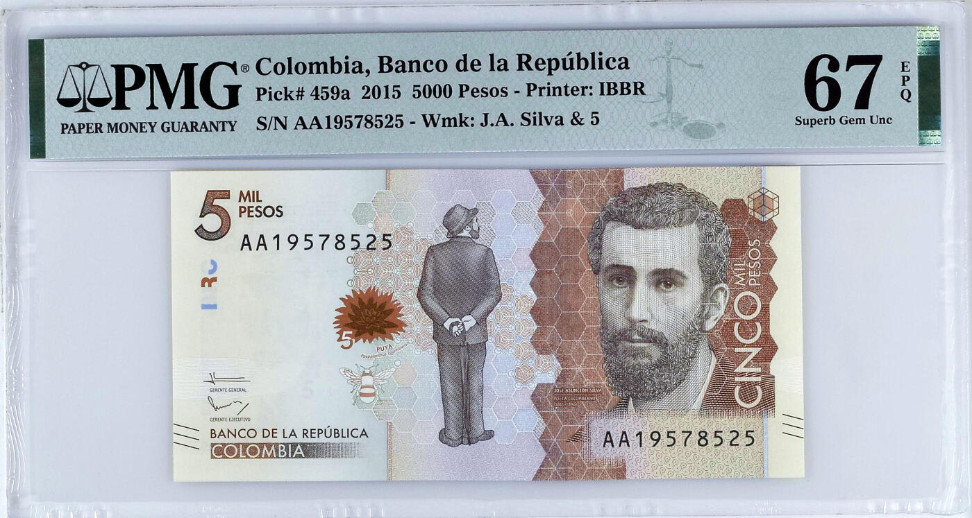 【Blue Auction】世界纸币精拍第709期——18级TOP拍卖/信誉/品质/专业/高效💫 【AA】哥伦比亚 2015年5000比索 PMG67EPQ 高分