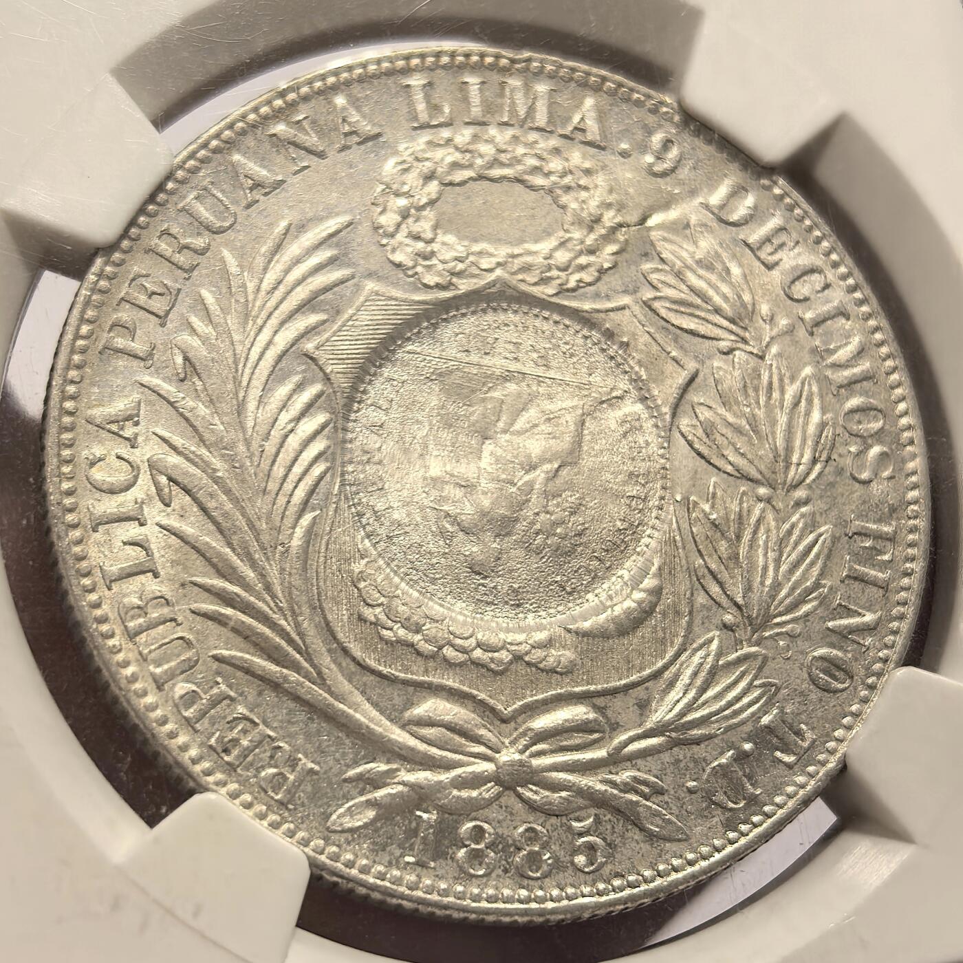 博洋堂世界钱币拍卖第135期（全场包邮）【请留意本场发货时间变化】 NGC MS62 危地马拉1894年1比索加盖银币，加盖在秘鲁1885年1索尔银币上，美洲热门加盖品种，高分难得