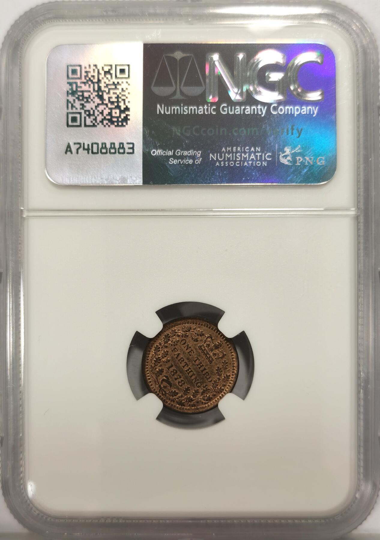 博洋堂世界钱币拍卖第135期（全场包邮）【请留意本场发货时间变化】 NGC MS62RB 英国1878维多利亚1/3法新，铜光饱满，RB难得