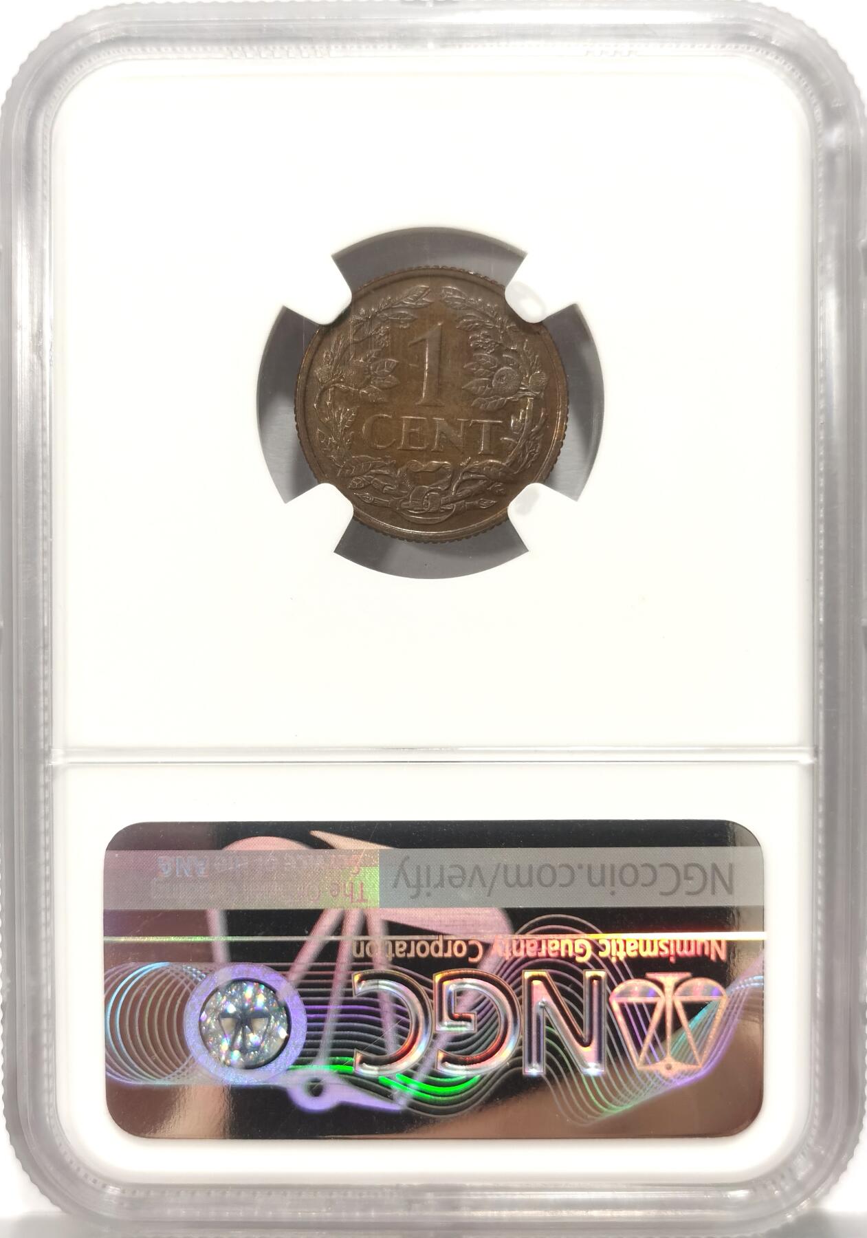 博洋堂世界钱币拍卖第135期（全场包邮）【请留意本场发货时间变化】 NGC MS62RB 荷属苏里南1957年1分铜币（乌德勒支造币厂1957-60年铸造荷兰狮徽1分专用于荷属苏里南地区克书编号KM10a）