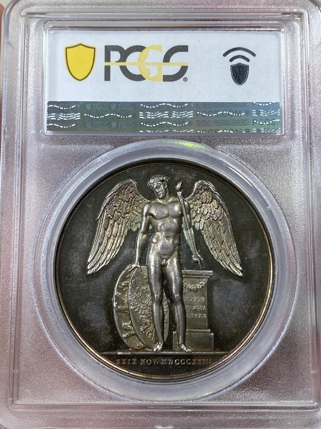 万国钱币拍卖第051期 PCGS MS64 1823年德国普鲁士弗里德里希·威廉皇储（日后的威廉四世“洋葱头”）与巴伐利亚的伊丽莎白·卢多维卡公主大婚纪念大银章 罕见品种七色孔雀绿彩虹彩包浆 极美顶级收藏级品种与品质