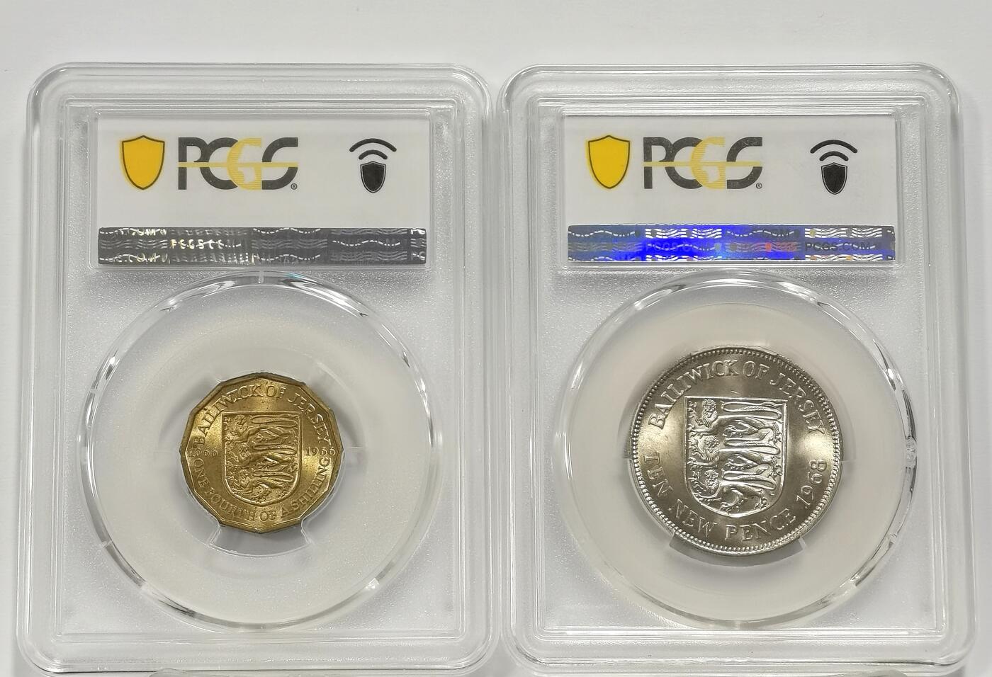 博洋堂世界钱币拍卖第135期（全场包邮）【请留意本场发货时间变化】 PCGS MS65 英属泽西1966年1/4先令、PCGS MS64 英属泽西1968年10便士2枚一对
