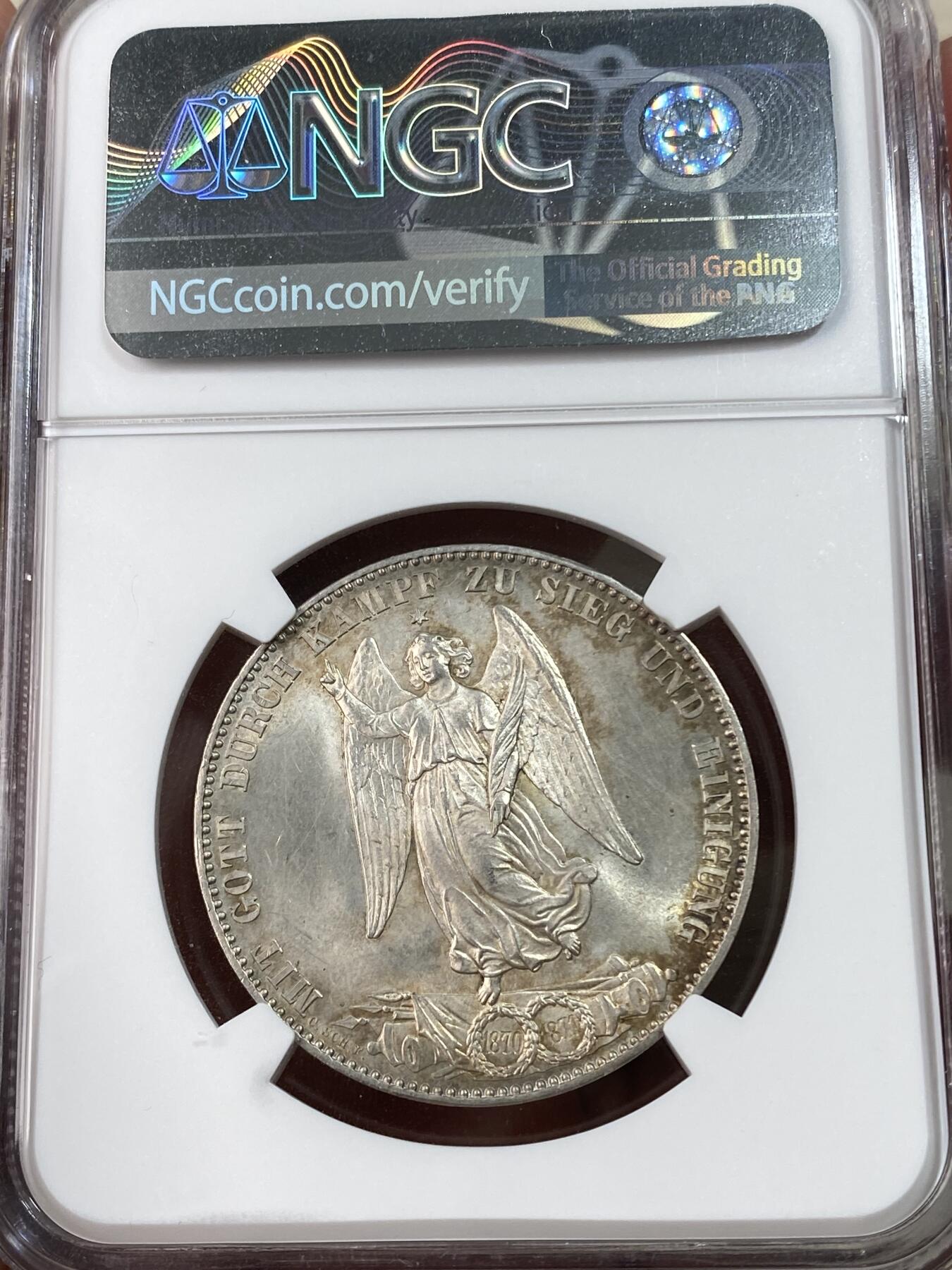 万国钱币拍卖第051期 NGC MS64 1871年德国符腾堡普法战争胜利泰勒 胜利系列难点品种 温润转光底板与银霜感极强的浮雕形成强烈反差