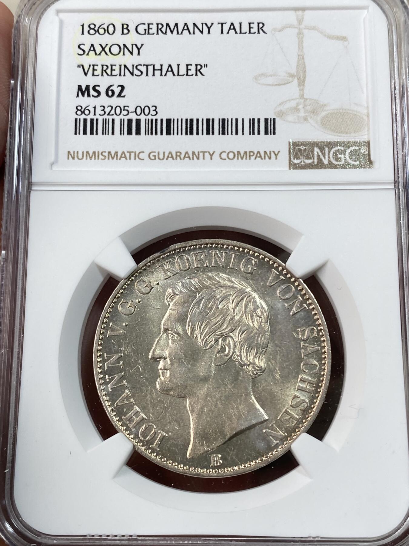 万国钱币拍卖第051期 NGC MS62 1866年德国萨克森双狮护盾流通1泰勒 经典邦国时期品种 原味转光环彩
