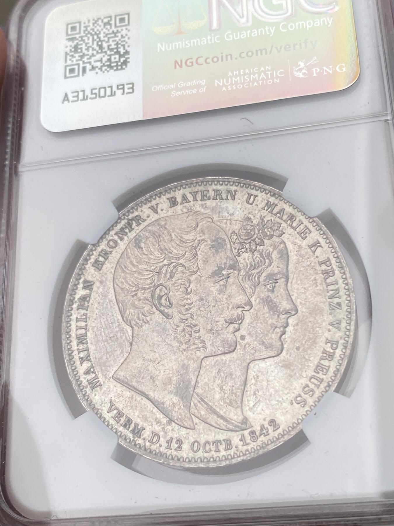 万国钱币拍卖第051期 NGC MS61 1842年德国巴伐利亚路德维希一世皇太子大婚纪念历史2泰勒 经典历史泰勒系列 原味淡彩轻微镜面非常舒适