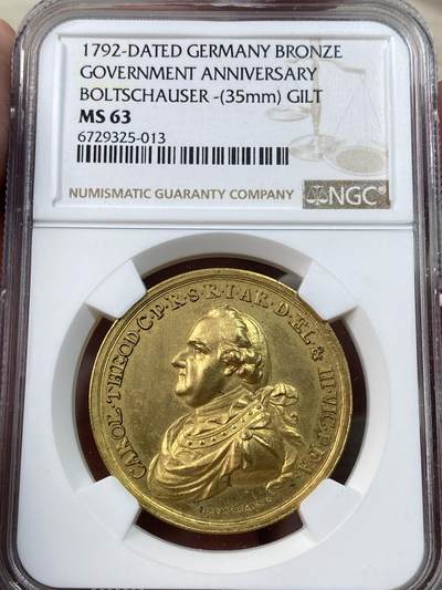 万国钱币拍卖第051期 - NGC MS63 1792德国普法尔茨卡尔·西奥多尔公爵执政50周年镀金铜章 极美高浮雕金色状态