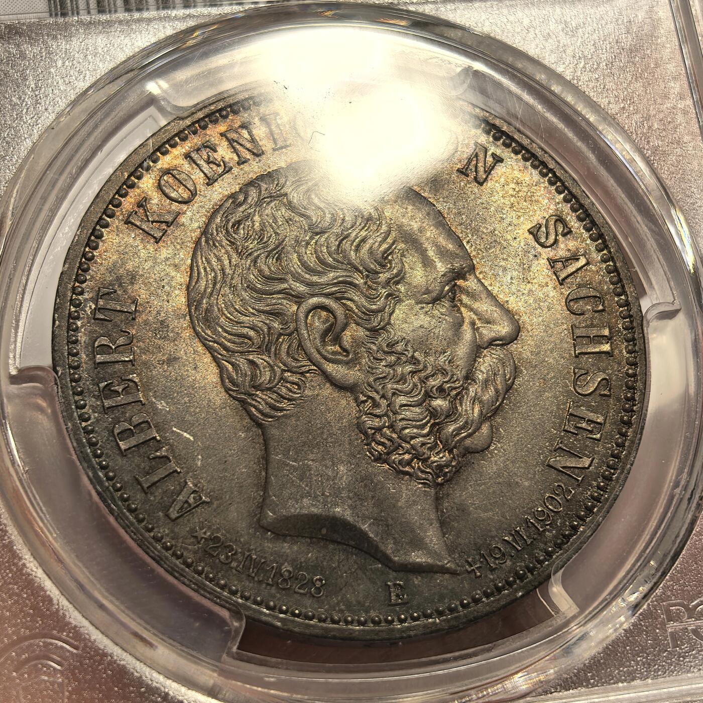 博洋堂世界钱币拍卖第135期（全场包邮）【请留意本场发货时间变化】 PCGS MS65+ 德国萨克森1902年阿尔伯特大公逝世5马克银币，高分，炫彩！