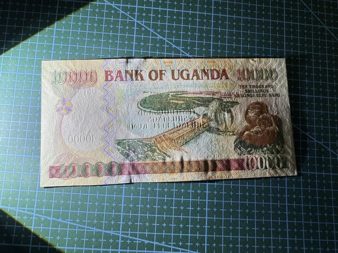 【炜奕收藏】，第四十一期 2007年乌干达10000先令纪念钞，UNC-品相，水印处有车轮印
