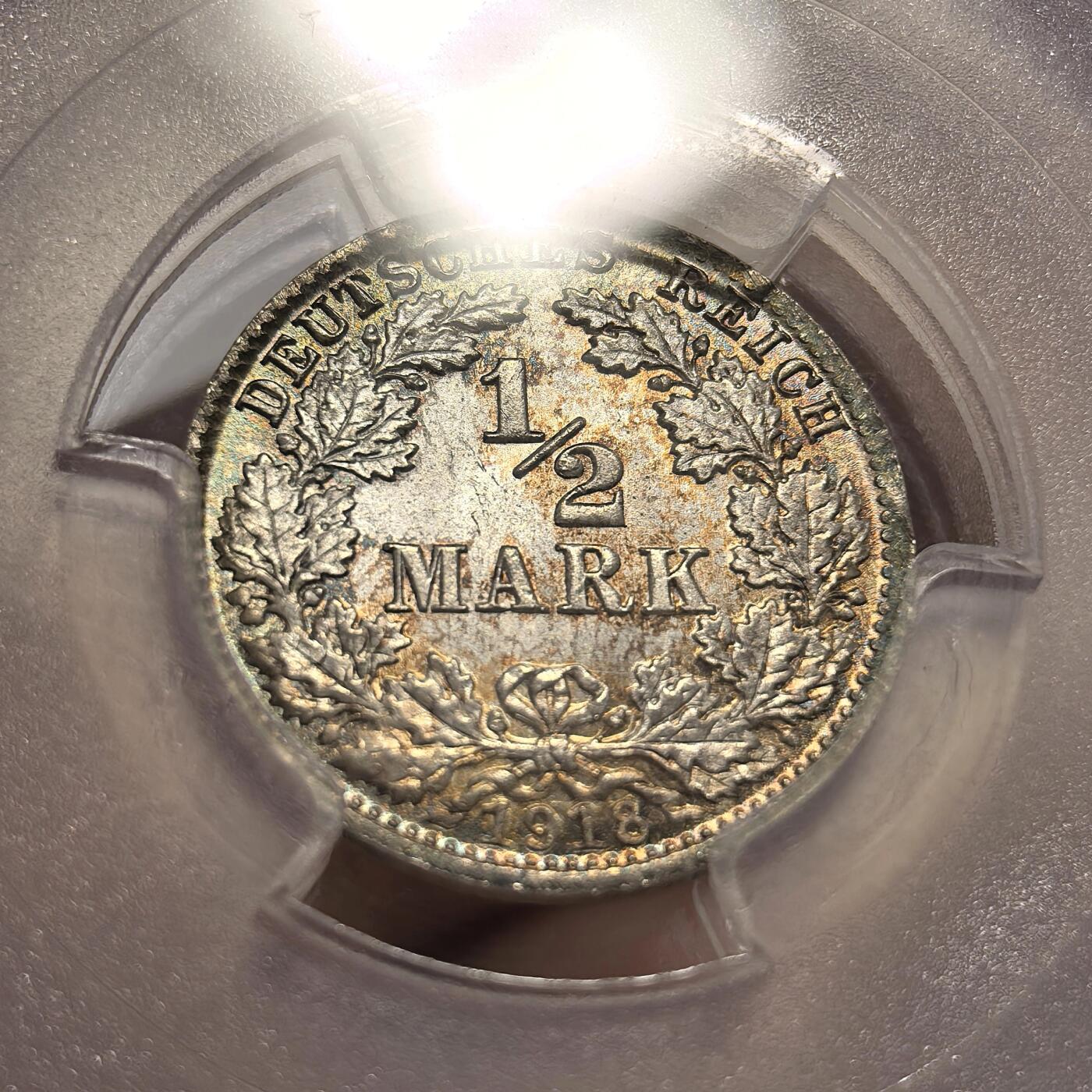 博洋堂世界钱币拍卖第135期（全场包邮）【请留意本场发货时间变化】 PCGS MS67 德国第二帝国1918年流通1/2马克银币，黄金彩，超高分！