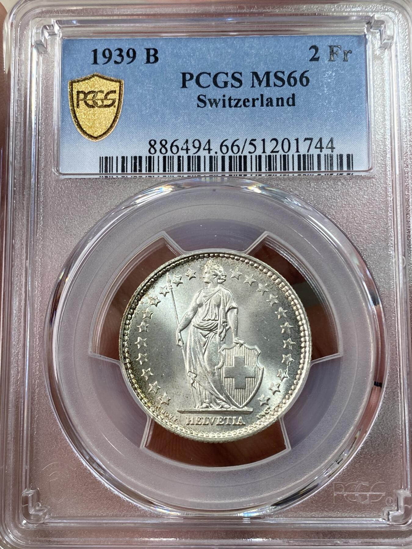 万国钱币拍卖第051期 PCGS MS66 1939瑞士赫尔维蒂女神2法郎银币 原光GEM高品