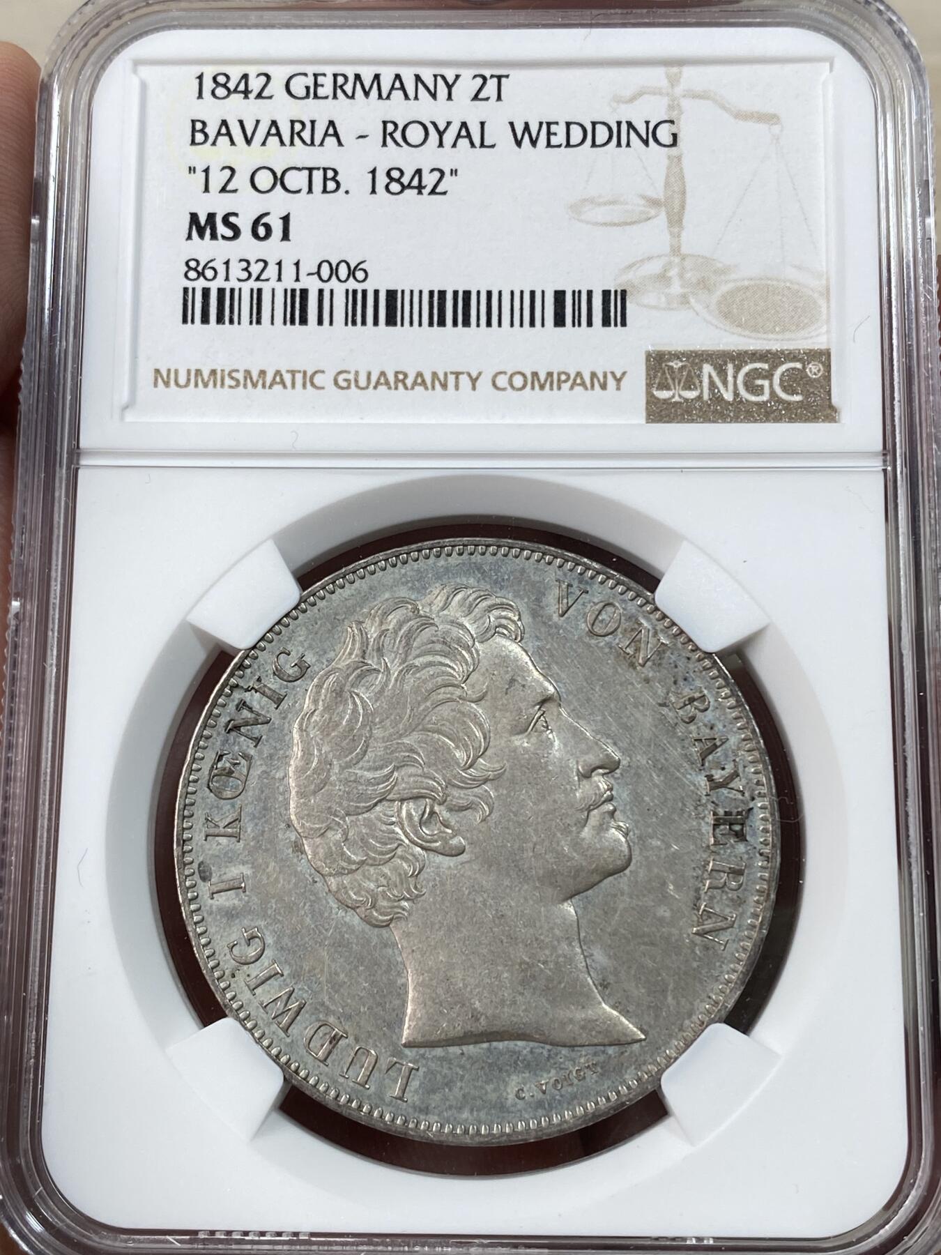 万国钱币拍卖第051期 NGC MS61 1842年德国巴伐利亚路德维希一世皇太子大婚纪念历史2泰勒 经典历史泰勒系列 原味淡彩轻微镜面非常舒适