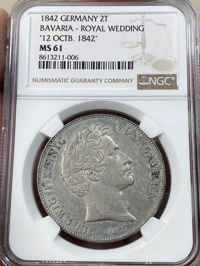 万国钱币拍卖第051期 - NGC MS61 1842年德国巴伐利亚路德维希一世皇太子大婚纪念历史2泰勒 经典历史泰勒系列 原味淡彩轻微镜面非常舒适