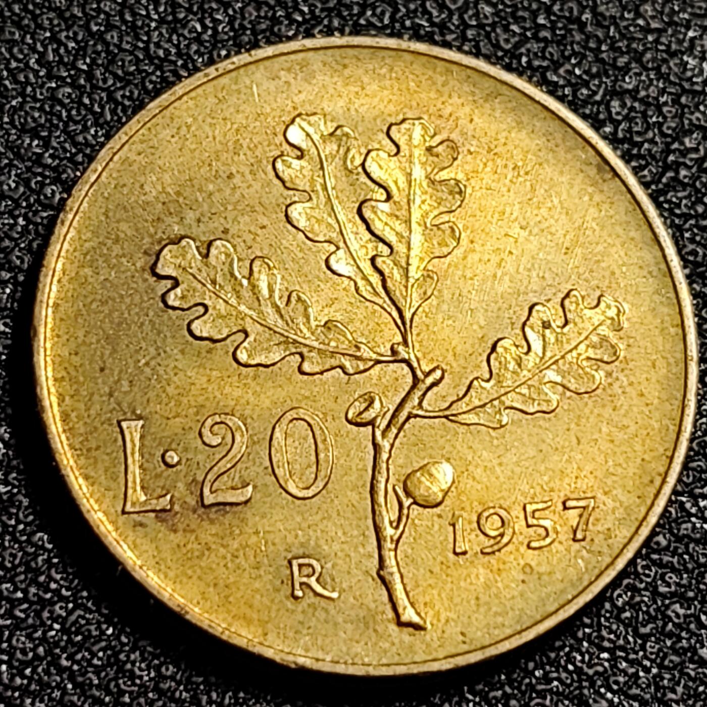 泉币菌-第87场-散币乐园场 美品 1957年意大利20里拉铜币 罗马十二神 谷神-克瑞斯 21.2mm