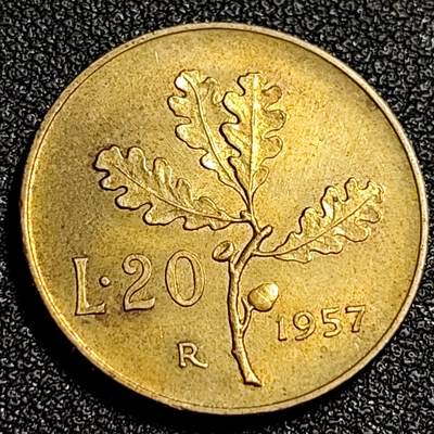 泉币菌-第87场-散币乐园场 - 美品 1957年意大利20里拉铜币 罗马十二神 谷神-克瑞斯 21.2mm
