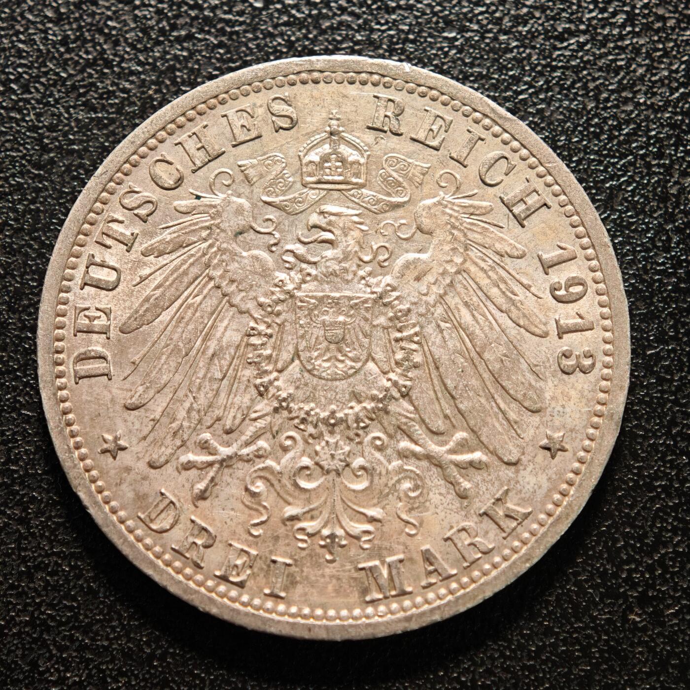 【德藏】世界币章拍卖第142期（拍品征集中~欢迎藏友联系） 1913年 德国普鲁士威廉二世军装3马克银币 直径约：33mm；重约：16.7g