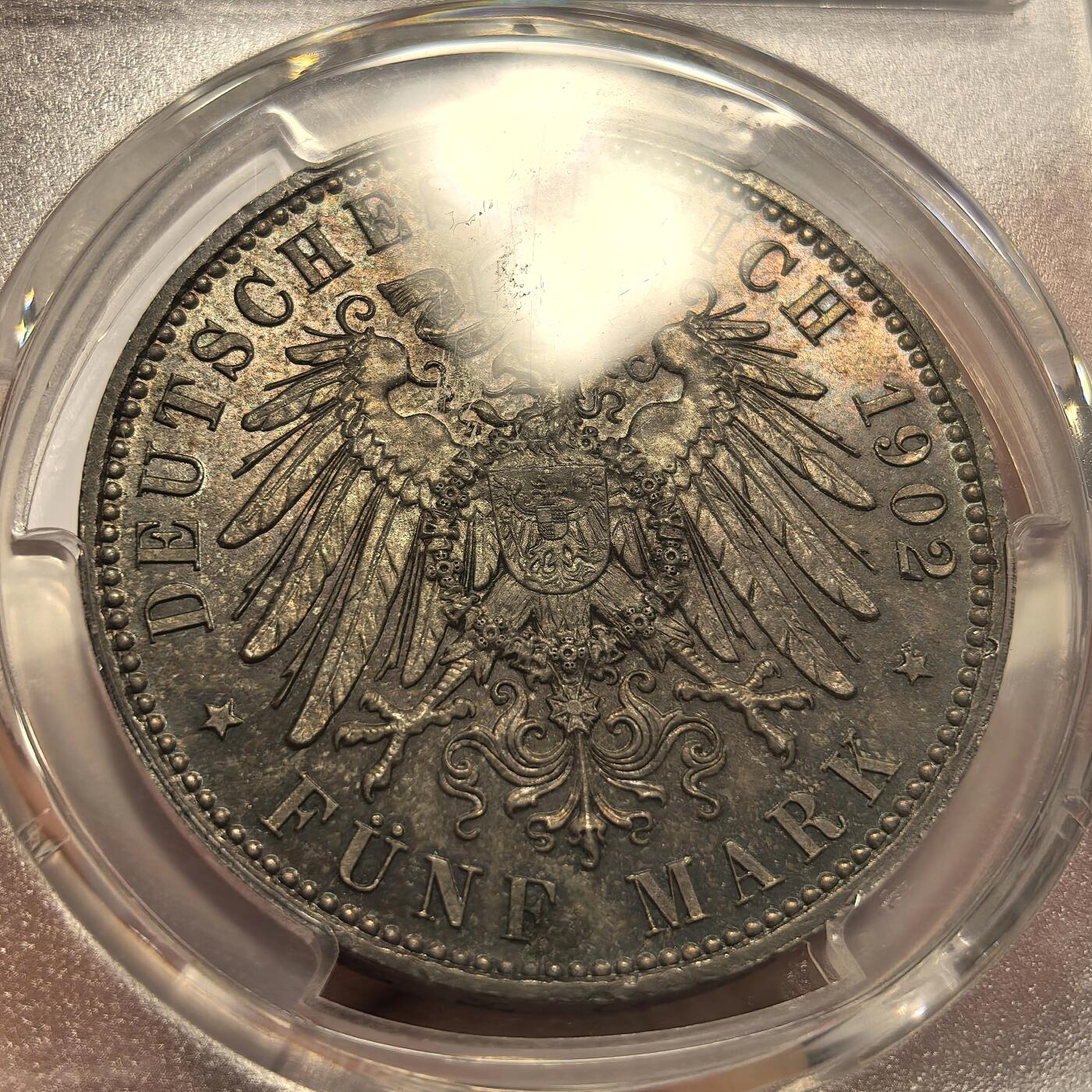 博洋堂世界钱币拍卖第135期（全场包邮）【请留意本场发货时间变化】 PCGS MS65+ 德国萨克森1902年阿尔伯特大公逝世5马克银币，高分，炫彩！