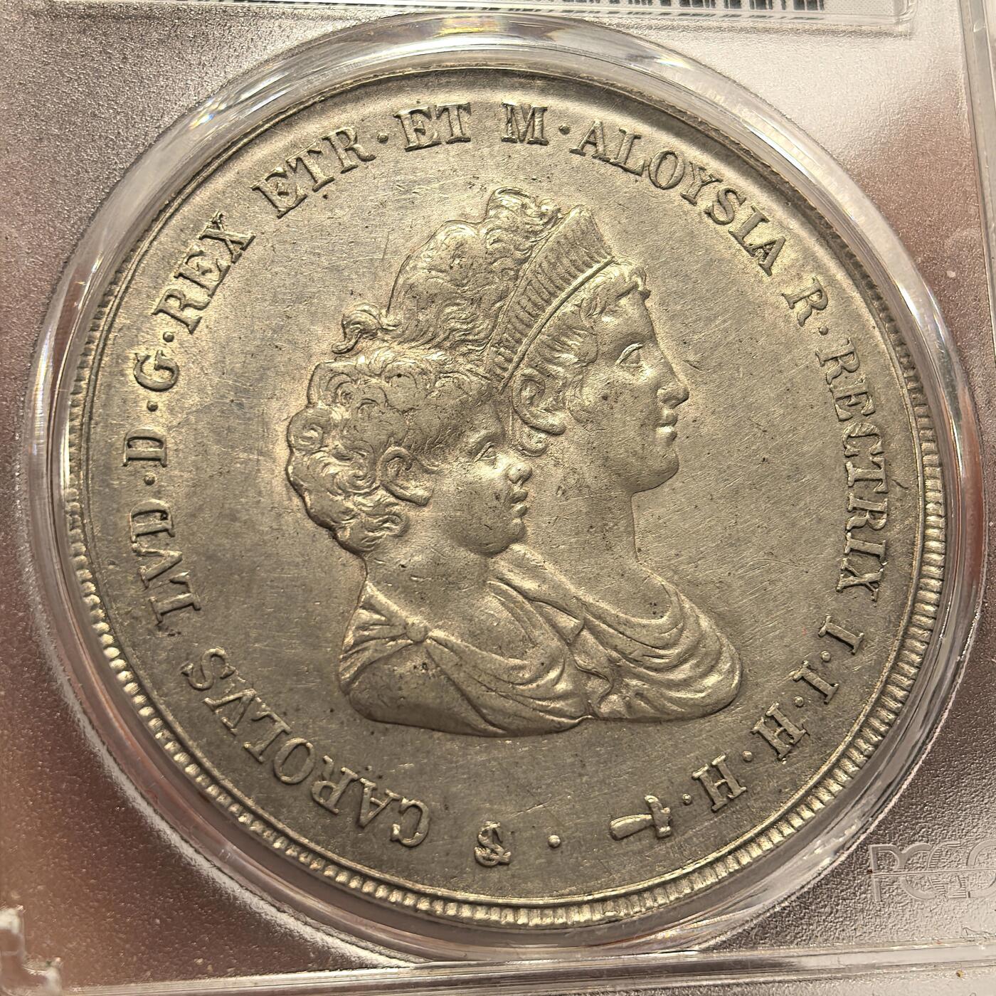 博洋堂世界钱币拍卖第135期（全场包邮）【请留意本场发货时间变化】 PCGS AU 意大利托斯卡纳1807年玛利亚路易莎母子10里拉大银币