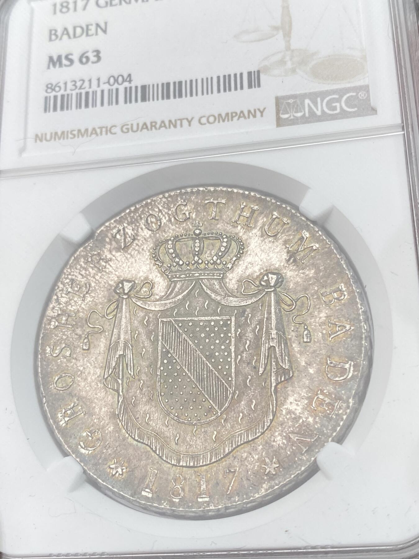 万国钱币拍卖第051期 NGC MS63 1817年德国巴登-杜拉赫大公国卡尔·路德维希·弗里德里希窗帘大泰勒 NGC唯一冠军分 第二名55分 断崖式领先型神品 原味德国倒影老包浆 顶级收藏品质