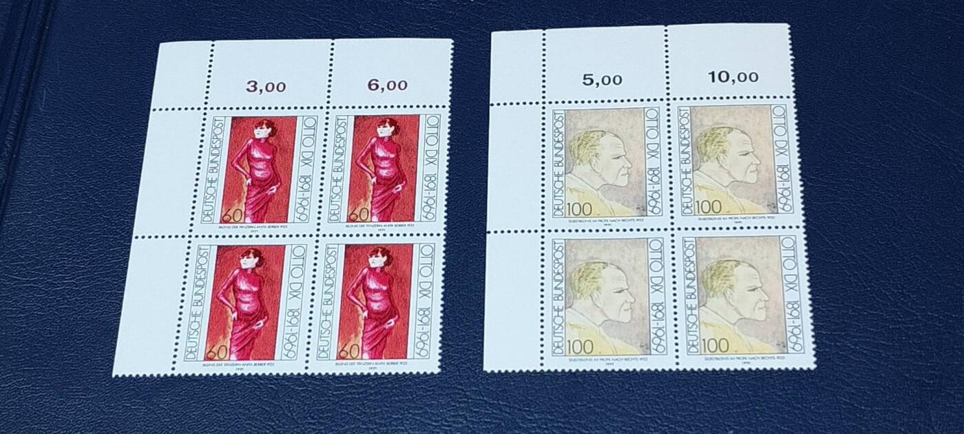 德国邮票专场，都是四方联🔥套票🔥 德国邮票四方联一套，1991年发行，画家  版画家  迪克斯绘画  2全，品相如图