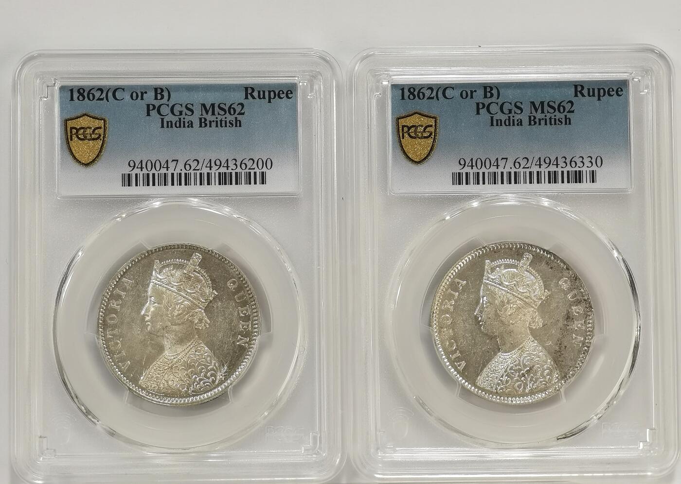博洋堂世界钱币拍卖第137期（全场包邮） PCGS MS62 英属印度1862年维多利亚1卢比银币少见四点版2枚一对1