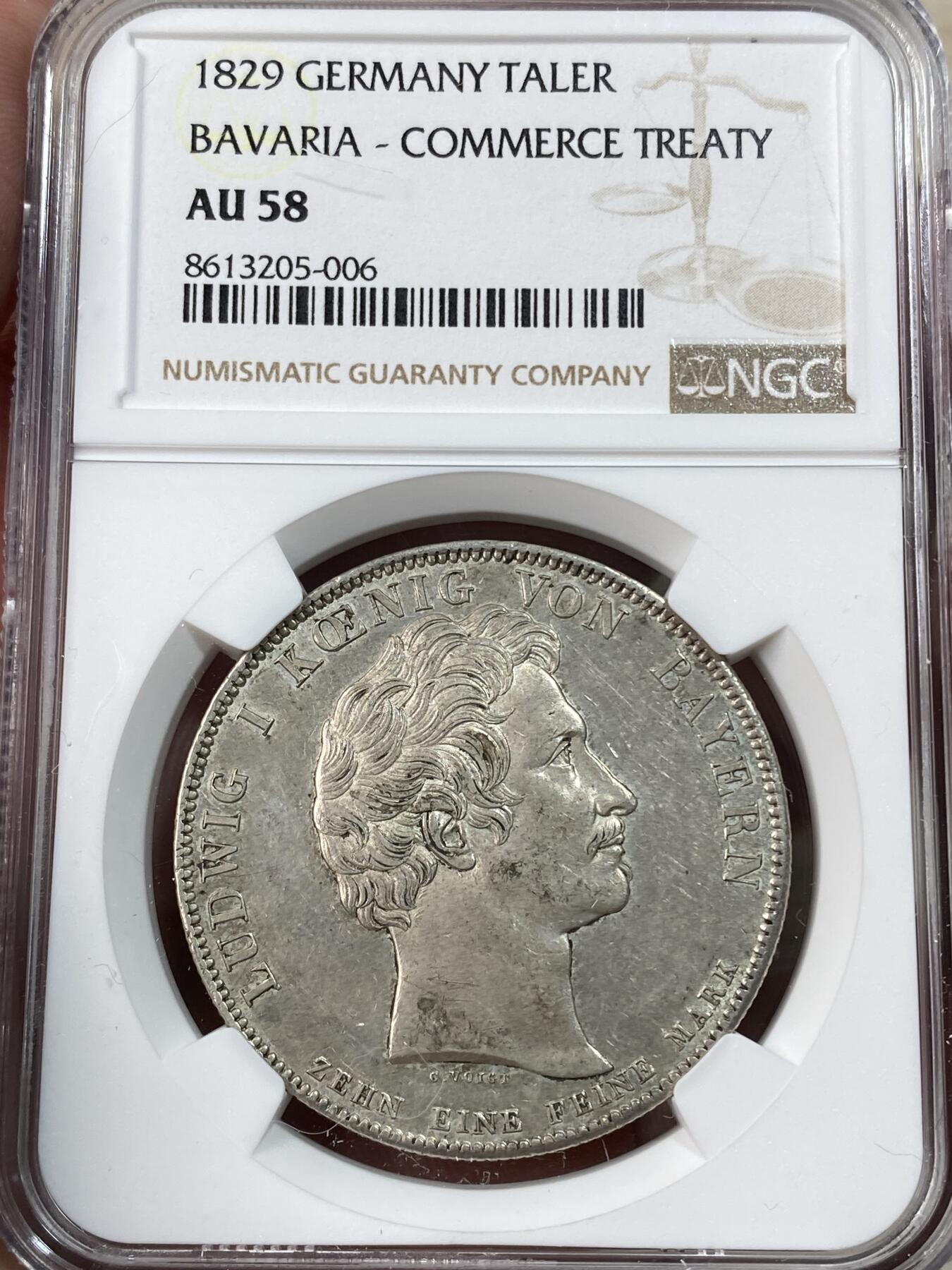 万国钱币拍卖第051期 NGC AU58 1829年德国巴伐利亚路德维希一世贸易协定历史泰勒 纪念巴伐利亚、普鲁士、符腾堡和黑森之间的贸易协定泰勒 原味老包浆 打制犀利