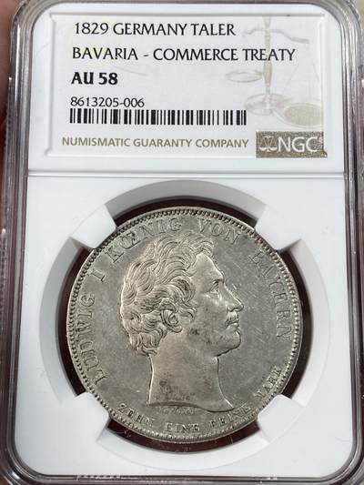 万国钱币拍卖第051期 - NGC AU58 1829年德国巴伐利亚路德维希一世贸易协定历史泰勒 纪念巴伐利亚、普鲁士、符腾堡和黑森之间的贸易协定泰勒 原味老包浆 打制犀利