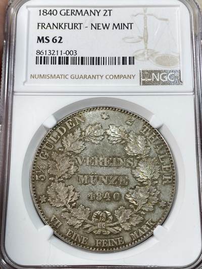 万国钱币拍卖第051期 - NGC MS62 1840年德国法兰克福新铸币厂开业纪念2泰勒 德邦2泰勒史诗级品种之一 铸造量仅仅649枚 NGC亚军分 评级记录仅6枚  此枚双面深打类镜面质感 原味淡五彩覆盖 绝对不可多得的顶级2T藏品 麦稀奇首拍品种