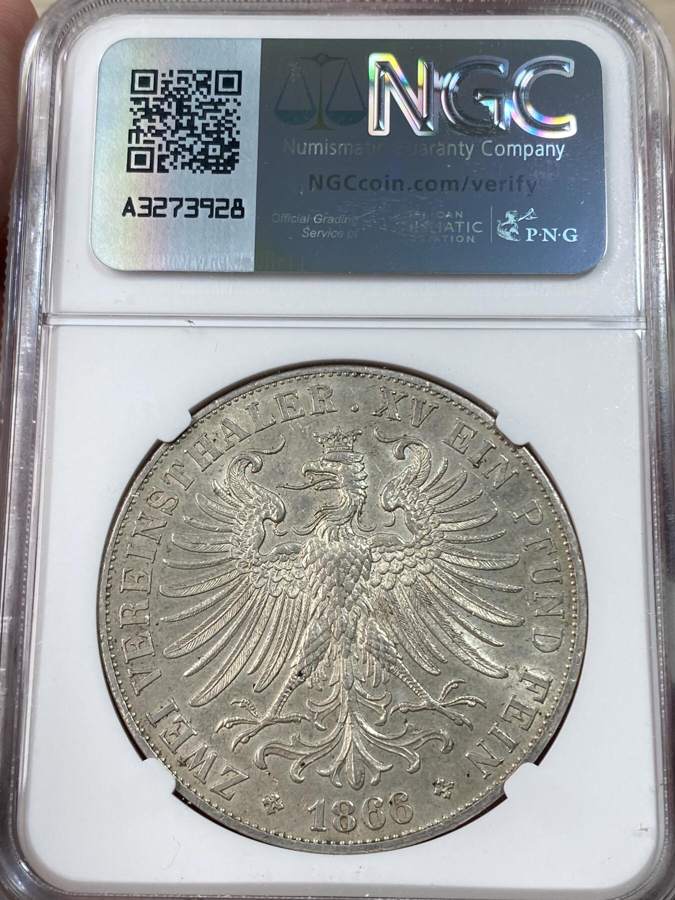 万国钱币拍卖第051期 NGC MS62 1866年德国法兰克福少女流通2泰勒 原味转光打制锋利