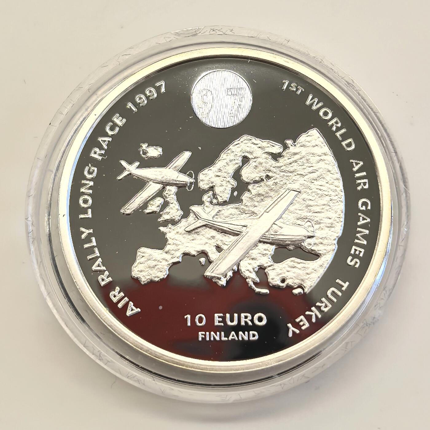 博洋堂世界钱币拍卖第135期（全场包邮）【请留意本场发货时间变化】 芬兰1997年10欧元精制官方银代币 第一届土耳其世界航空运动会-长距离飞机拉力赛‌ 27克925银 发行量：2万 有边铭