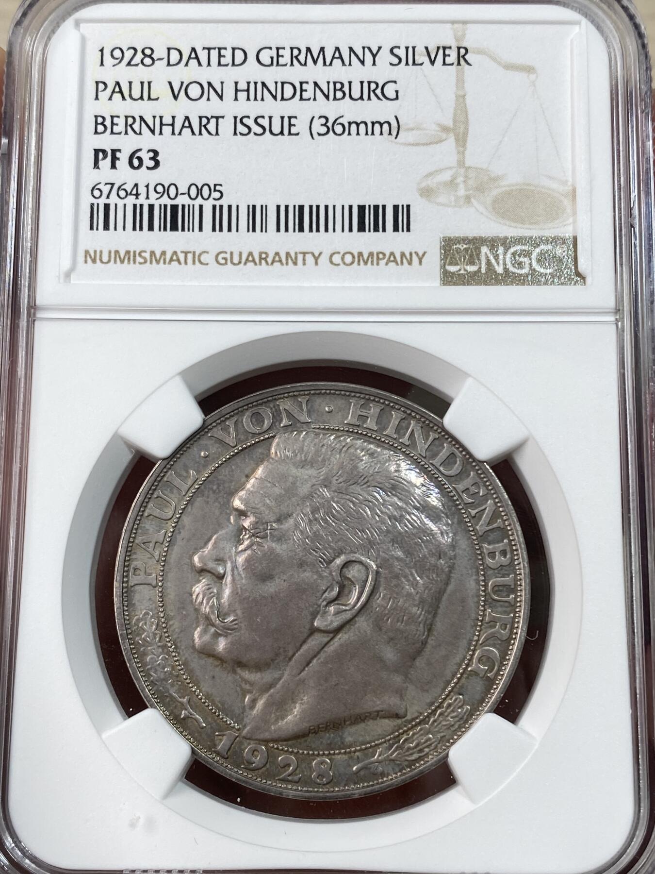 万国钱币拍卖第051期 NGC PF63 1928年德国魏玛共和国兴登堡总统精制5马克币章 伯恩哈特设计经典左脸像 精制环玫瑰红彩锋利无比