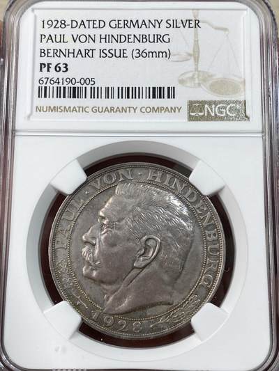 万国钱币拍卖第051期 - NGC PF63 1928年德国魏玛共和国兴登堡总统精制5马克币章 伯恩哈特设计经典左脸像 精制环玫瑰红彩锋利无比