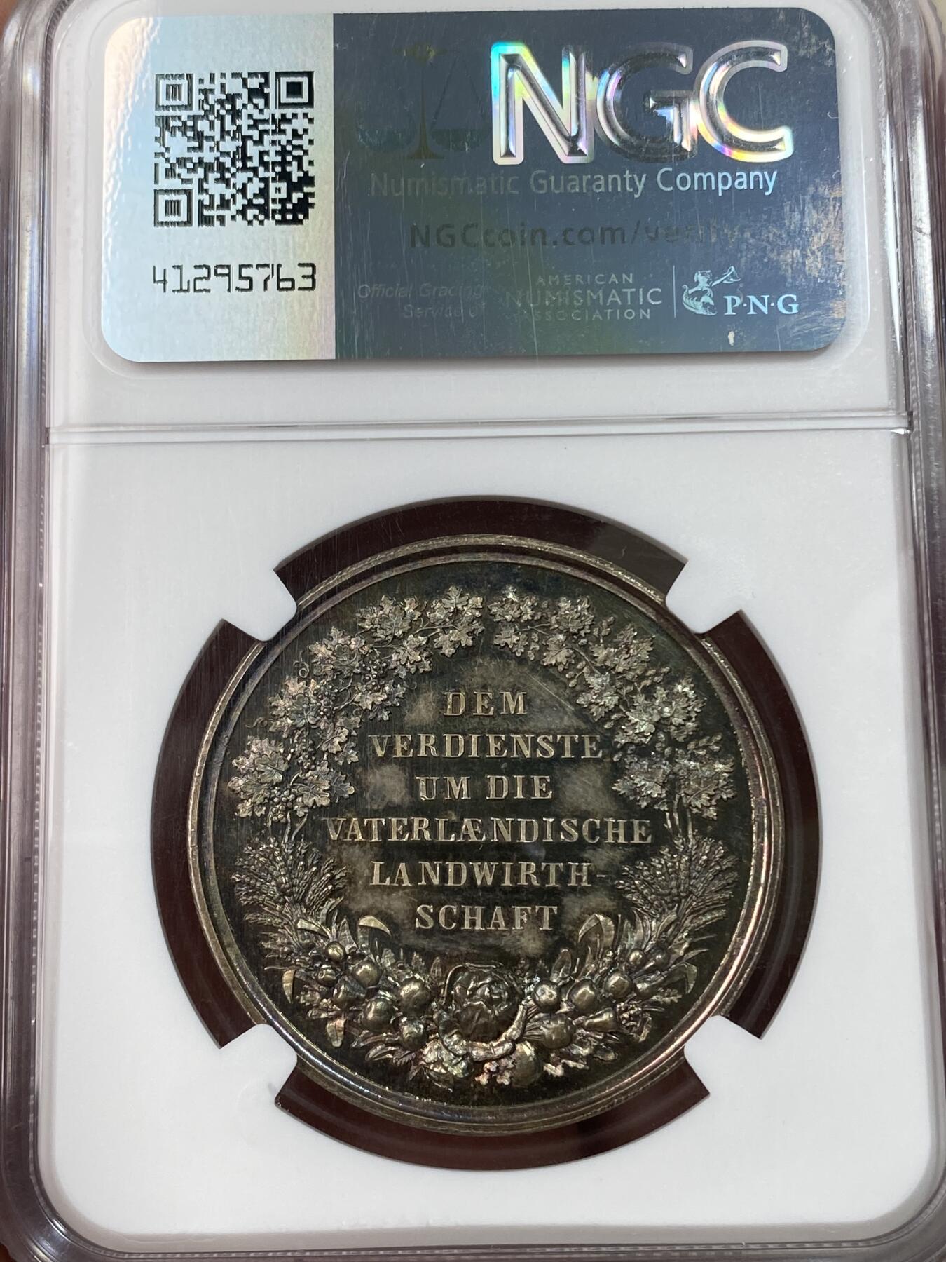 万国钱币拍卖第051期 NGC MS64 19世纪德国巴伐利亚王国农业奖励银章 所见最美七色幻彩 顶级高分 收藏级品质