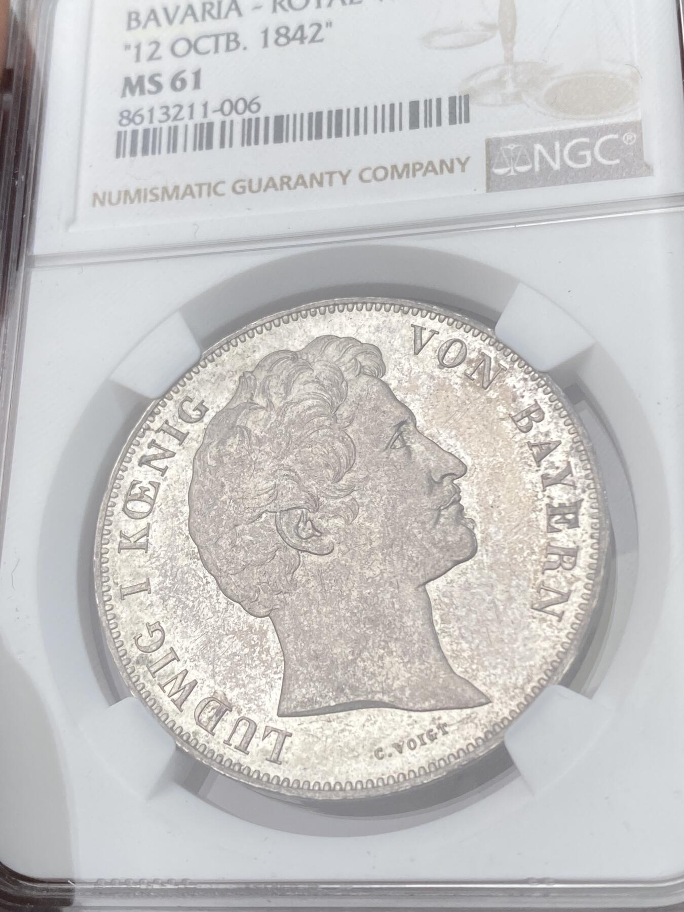万国钱币拍卖第051期 NGC MS61 1842年德国巴伐利亚路德维希一世皇太子大婚纪念历史2泰勒 经典历史泰勒系列 原味淡彩轻微镜面非常舒适
