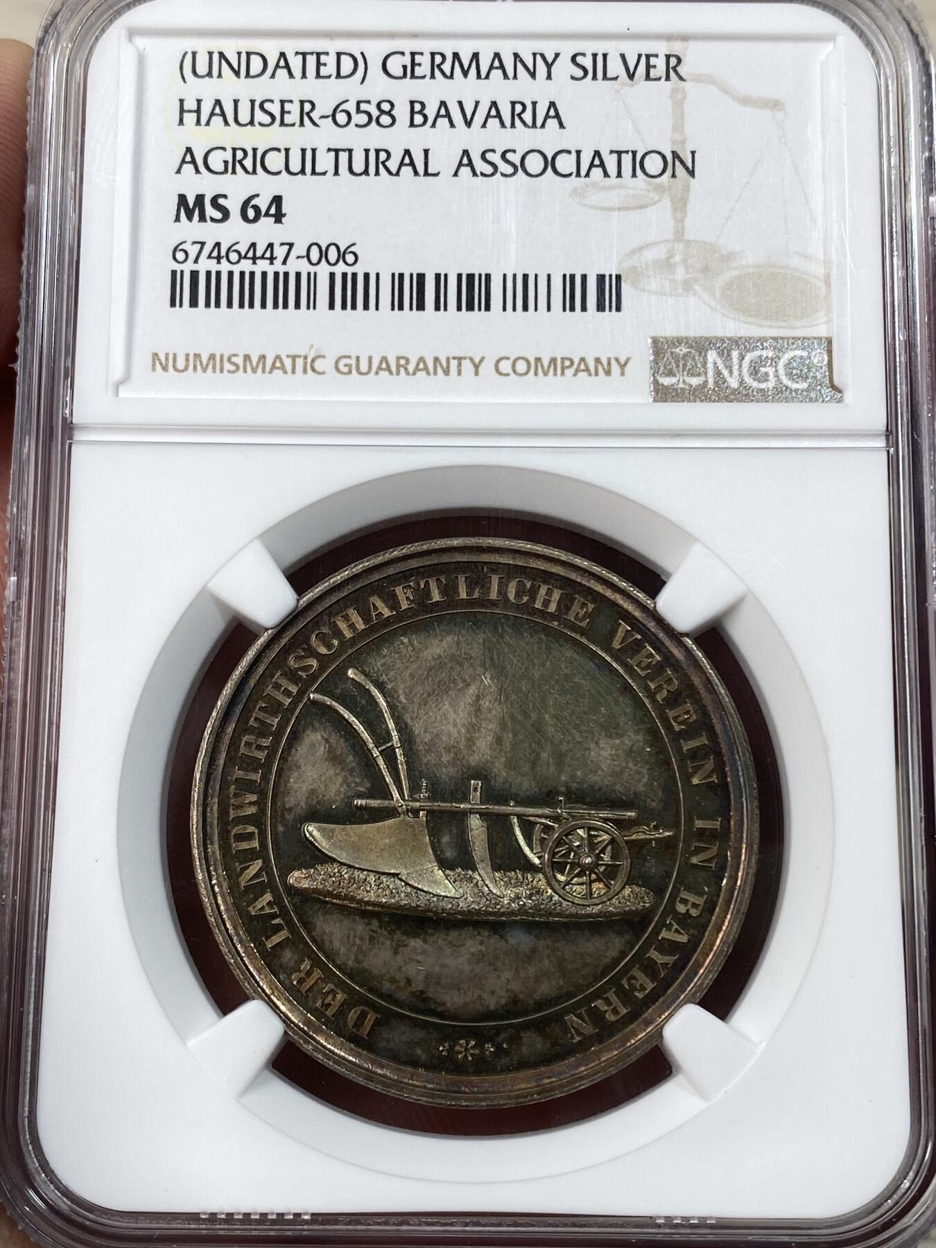 万国钱币拍卖第051期 NGC MS64 19世纪德国巴伐利亚王国农业奖励银章 所见最美七色幻彩 顶级高分 收藏级品质