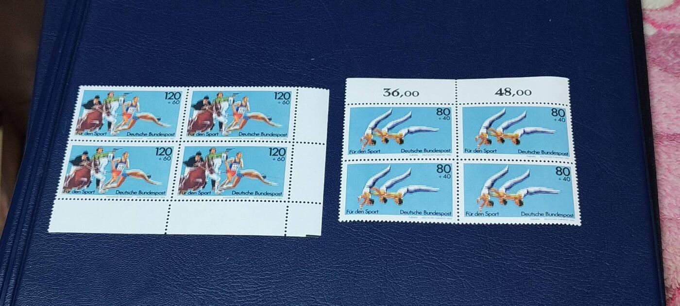 德国邮票专场，都是四方联🔥套票🔥 德国邮票四方联一套，1983年发行，体育运动  体操比赛  现代五项运动2全，品相如图