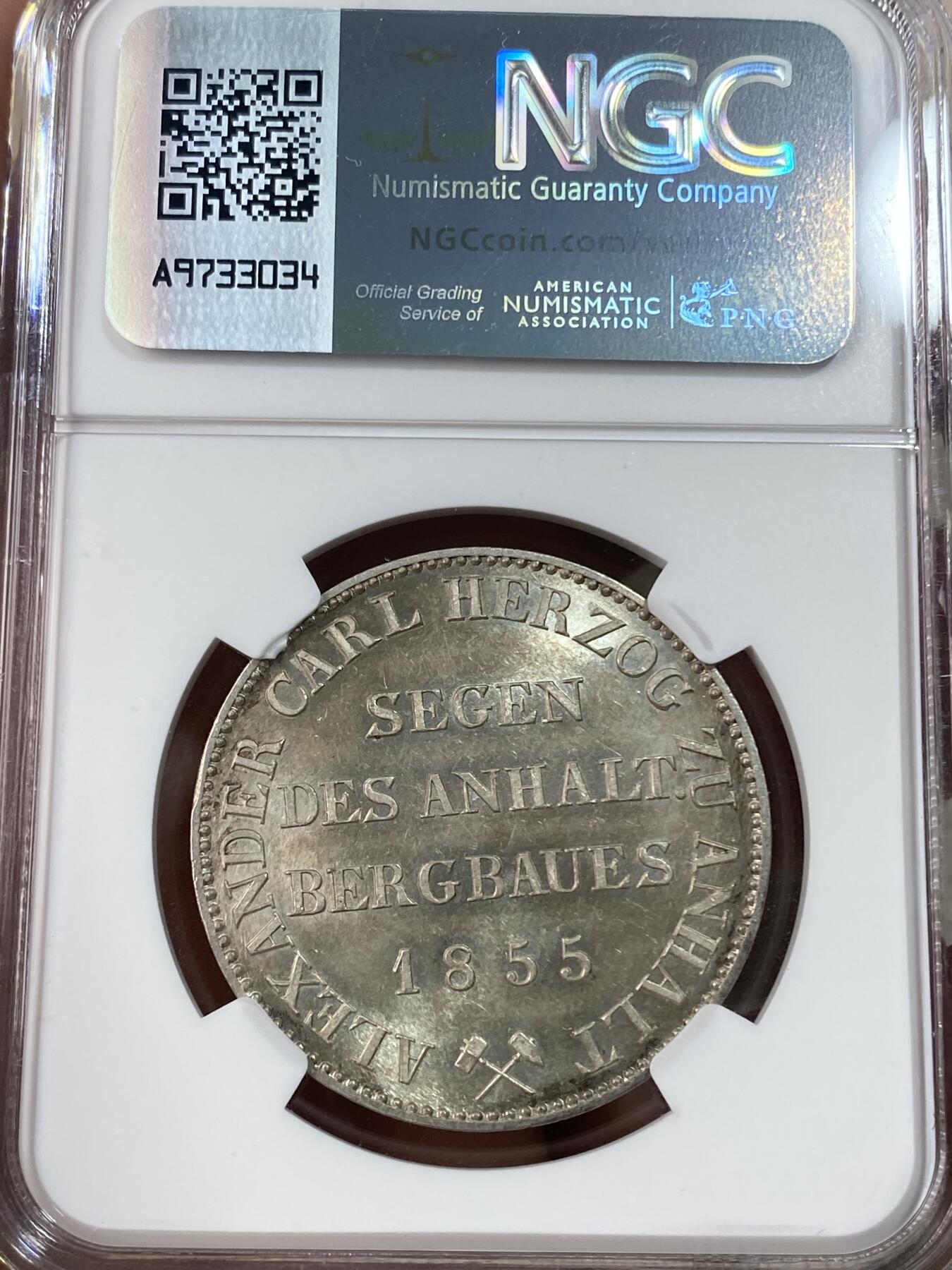 万国钱币拍卖第051期 NGC MS62 1855年德国安哈尔特小熊协议矿业祈祷泰勒 早期大规格协议泰勒 22.37克 霜感极重状态超赞