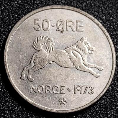 泉币菌-第87场-散币乐园场 - 少见 挪威50欧尔 克奥拉夫五世 狗 铜镍 22mm 