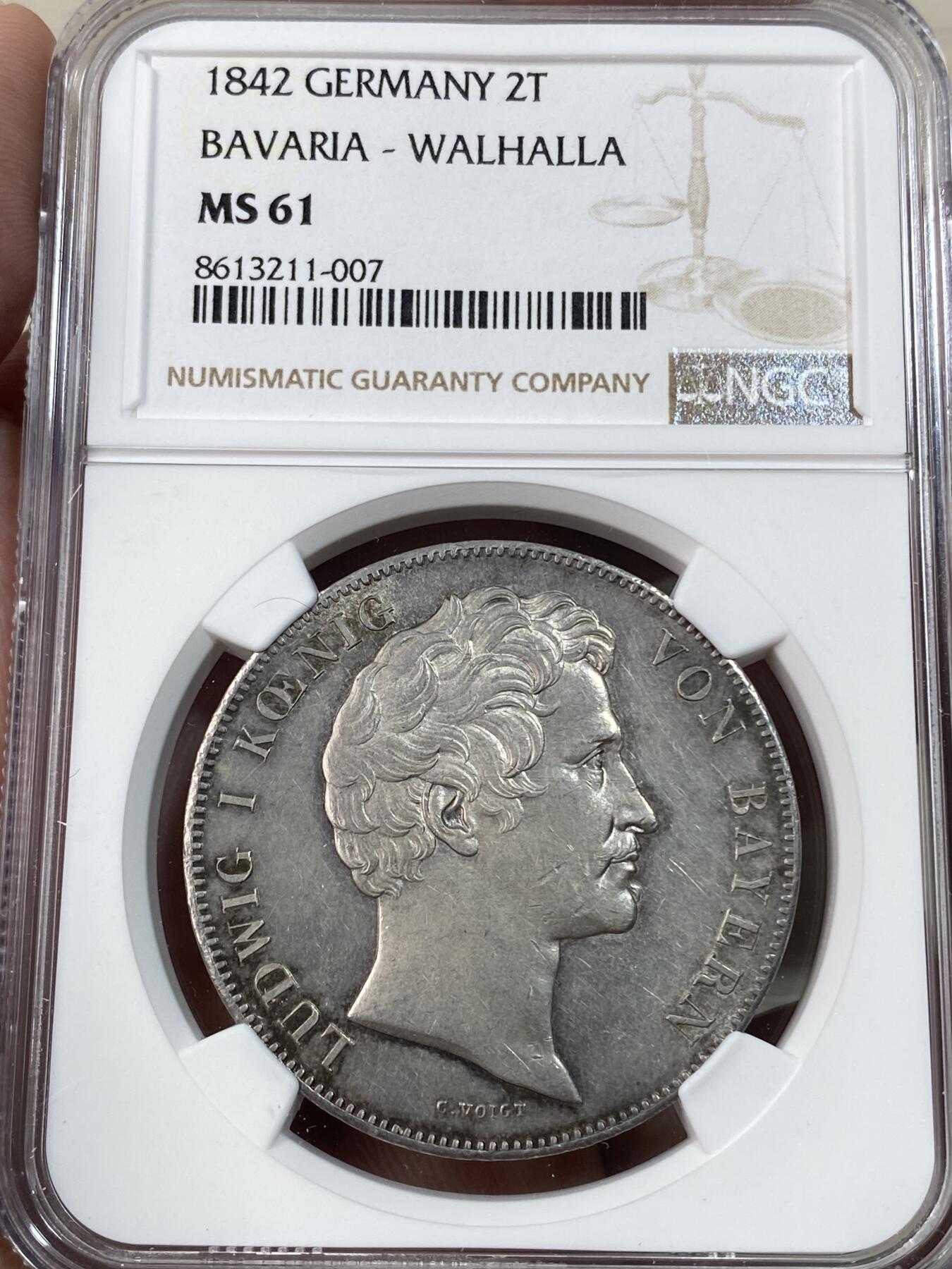 万国钱币拍卖第051期 NGC MS61 1842年德国巴伐利亚路德维希一世瓦尔哈拉圣殿落成历史2泰勒 历史泰勒名品之一 德国最伟大的死亡圣殿·英灵殿·瓦尔哈拉 全德国最伟大人物的归宿 原味淡香槟彩全深打