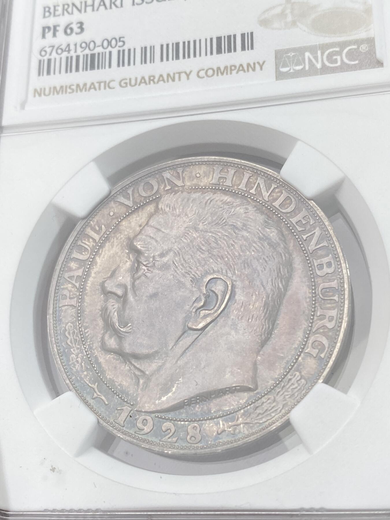 万国钱币拍卖第051期 NGC PF63 1928年德国魏玛共和国兴登堡总统精制5马克币章 伯恩哈特设计经典左脸像 精制环玫瑰红彩锋利无比