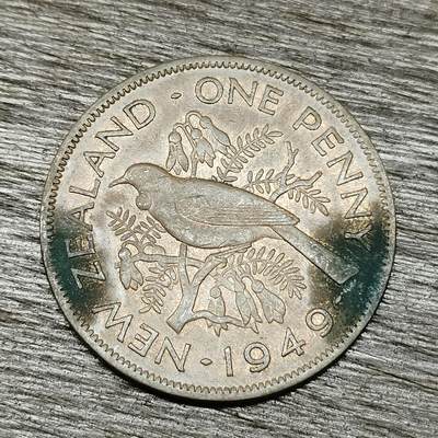 【铜匠收藏】★第129场★散币场，无佣金，30包邮。不满30元，支付5元运费。《接受代拍 代送NGC评级》 - 新西兰 1949年 1便士 铜币 簇胸吸蜜鸟 乔治六世