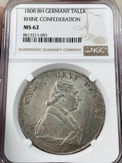 万国钱币拍卖第051期 - NGC MS62 1808年德国法兰克福莱茵联邦公爵卡尔·西奥多尔·冯·达尔贝格窗帘大泰勒 NGC亚军分更高分仅一枚 顶级转光原味倒影包浆 极其罕见的40MM大型泰勒 收藏级状态