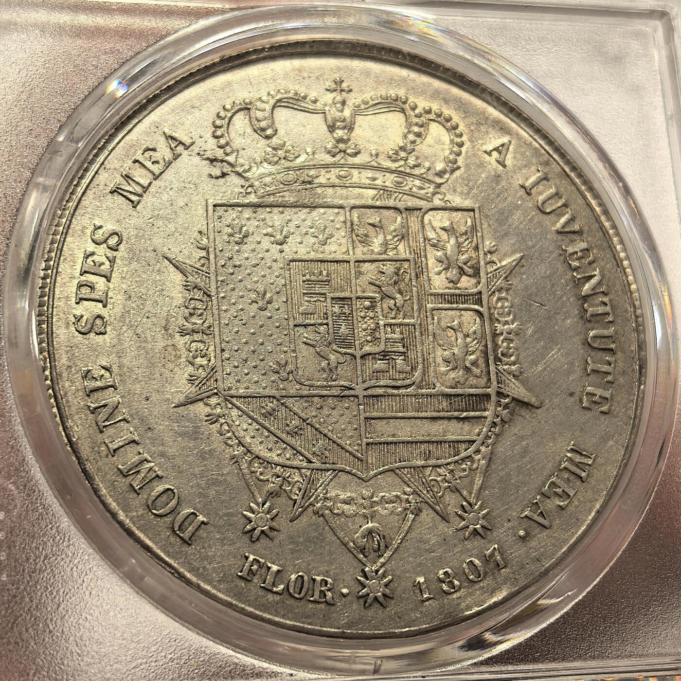 博洋堂世界钱币拍卖第135期（全场包邮）【请留意本场发货时间变化】 PCGS AU 意大利托斯卡纳1807年玛利亚路易莎母子10里拉大银币