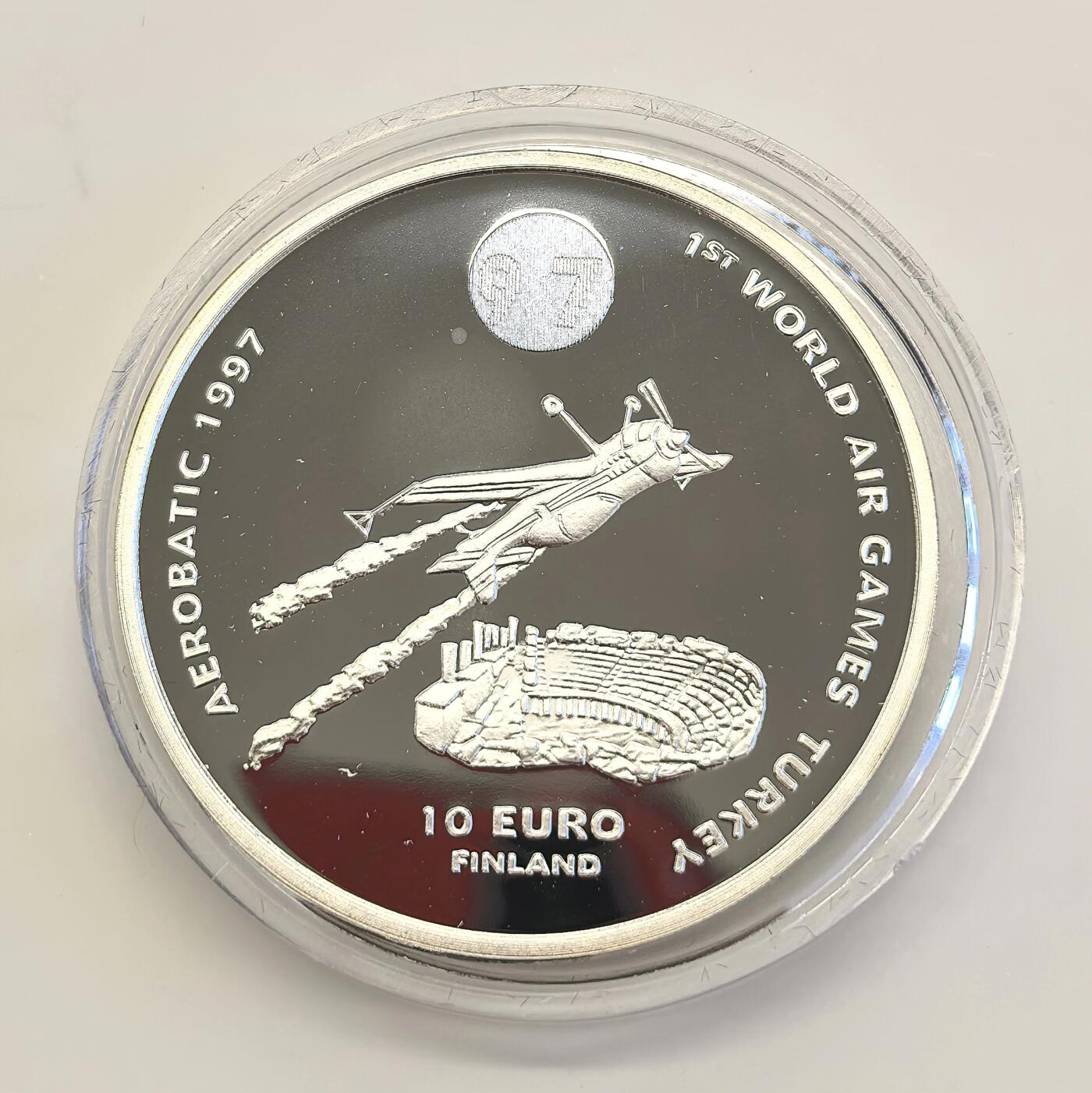 博洋堂世界钱币拍卖第135期（全场包邮）【请留意本场发货时间变化】 芬兰1997年10欧元精制官方银代币 第一届土耳其世界航空运动会-特技飞行‌ 27克925银 发行量：2万 有边铭