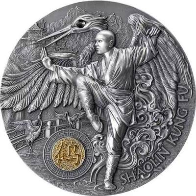 第170期拍卖【长期征集拍品】 - 纽埃2022, 2盎司,中国少林功夫五行拳系列-鹤形拳,  超高浮雕,仿古镀金,镶嵌黑色施华洛世奇银币. 盒证全. 遵照国际最高银币质量标准制造. 大热门精品,中国元素银币. 此枚图案“练武和尚”为系列中最帅最立体的练武和尚. 本系列共5枚. 机会难得. 国外售价385美元