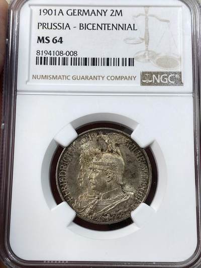 万国钱币拍卖第051期 - NGC MS64 1901年德国普鲁士建国200周年纪念长翅2马克 原味银霜欧陆五彩 普鲁士经典品种