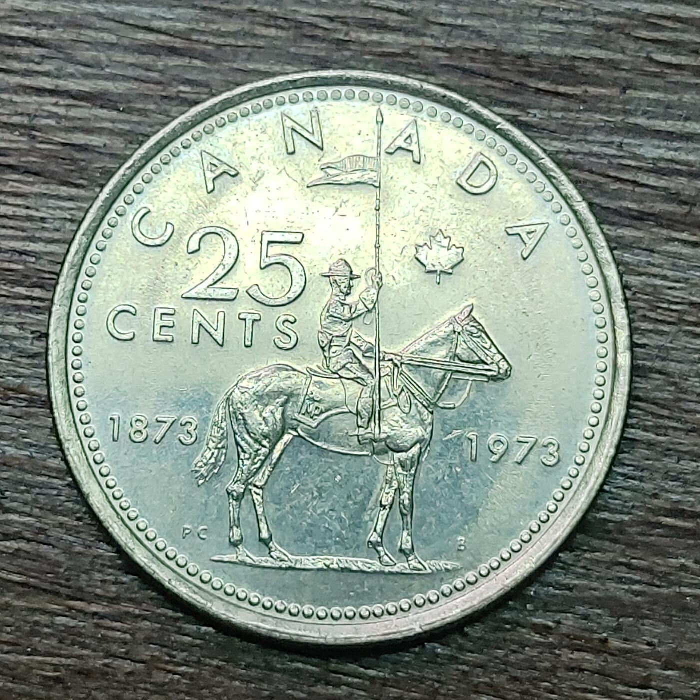 【铜匠收藏】★第128场★散币场，无佣金，30包邮。不满30元，支付5元运费。《接受代拍 代送NGC评级》 皇家骑警 加拿大 1973年 25分 镍制纪念币
