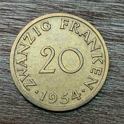 【铜匠收藏】★第129场★散币场，无佣金，30包邮。不满30元，支付5元运费。《接受代拍 代送NGC评级》 - 法占德国萨尔地区 1954年 20法郎 铝青铜币