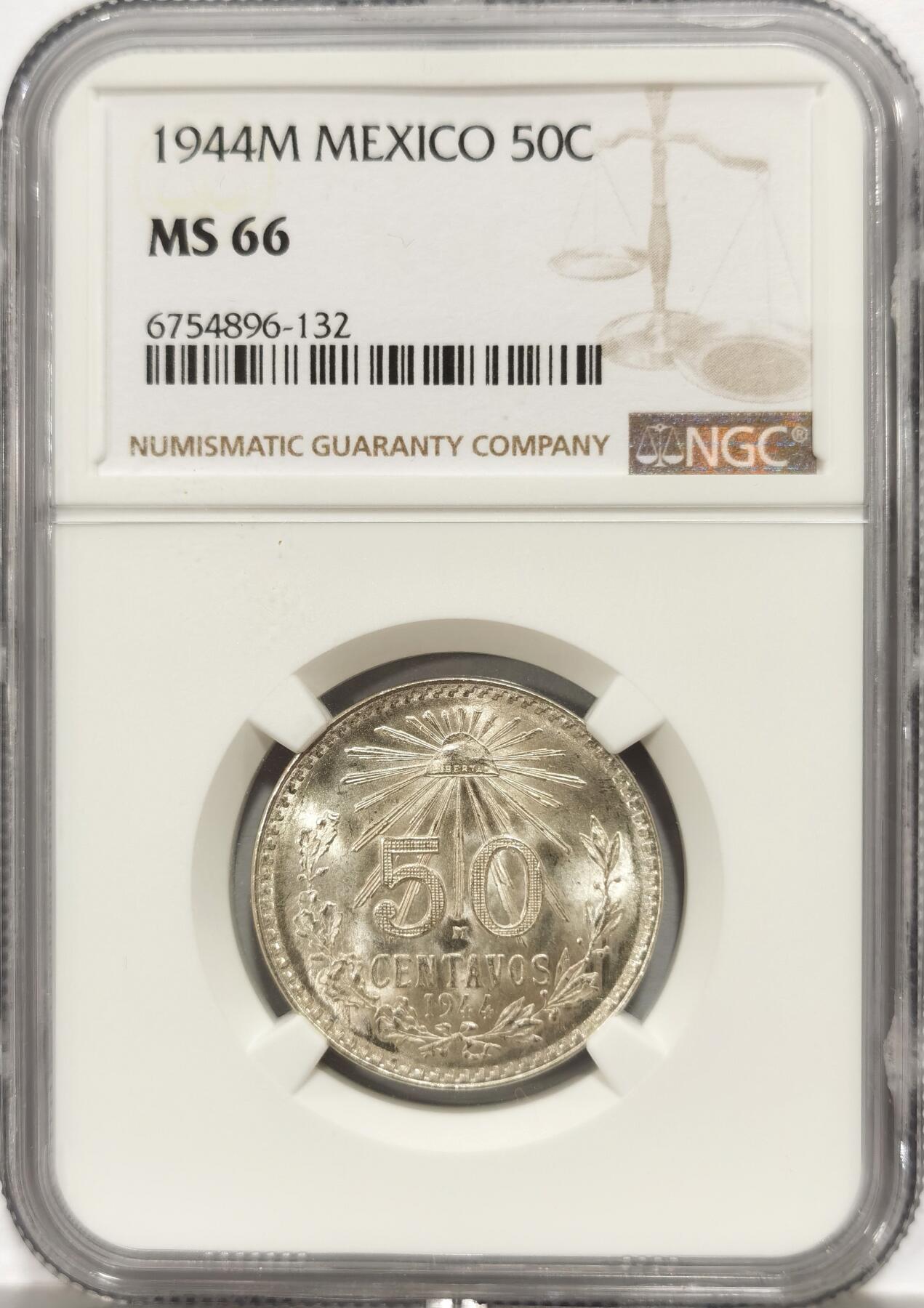 博洋堂世界钱币拍卖第135期（全场包邮）【请留意本场发货时间变化】 NGC MS66 墨西哥1944年50分鹰洋银币，高分难得