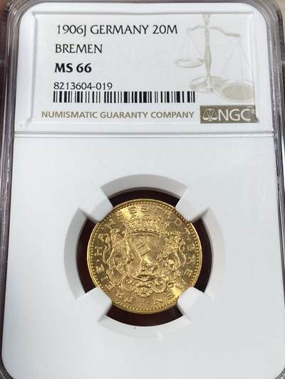 万国钱币拍卖第051期 - NGC MS66 1906年德国不莱梅双狮护盾长翅流通20马克金币 罕见自由市最大面值金马克 仅单年发行两万枚 书价极高 顶级GEM丝绸金光品质 7.96g 900金