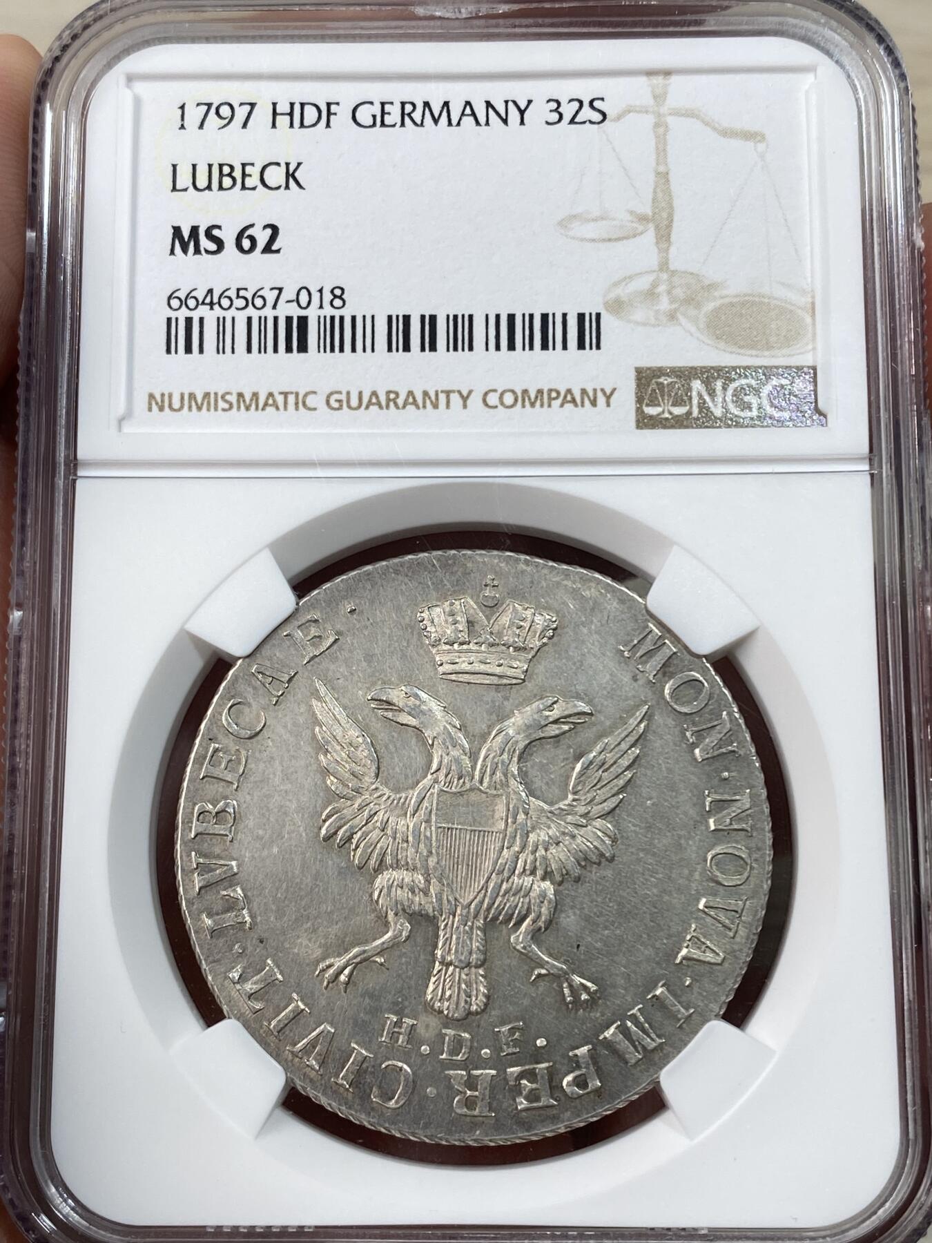 万国钱币拍卖第051期 NGC MS62 1797年德国汉萨同盟吕贝克自由市32先令大银 全深打银霜寒光状态赞